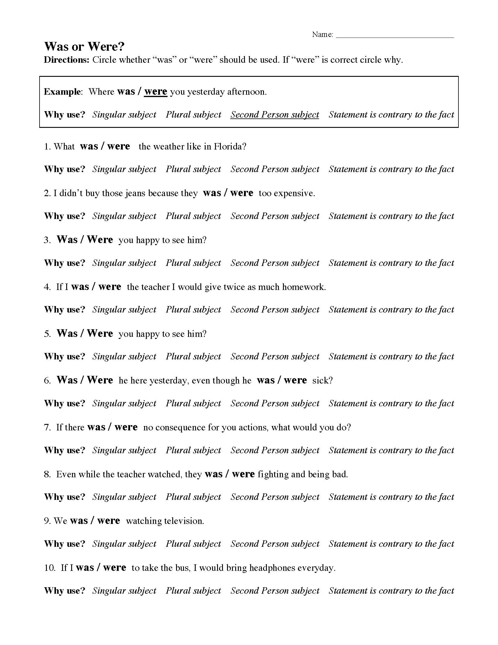 Was Or Were Worksheet 1 Grammar Activity Was Or Were Worksheet 1 Grammar Activity